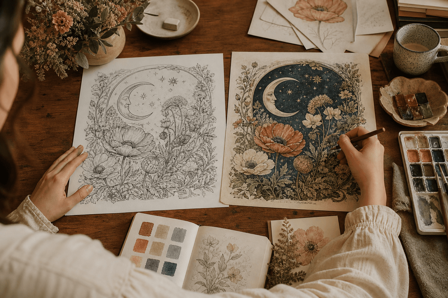 Hands comparing line art with a thoughtfully colored interpretation