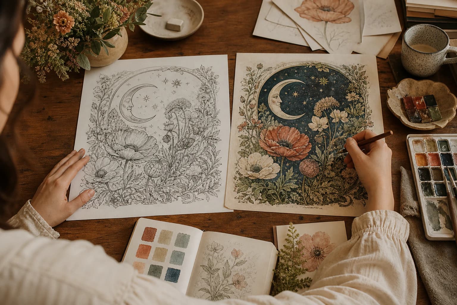 Hands comparing line art with a thoughtfully colored interpretation
