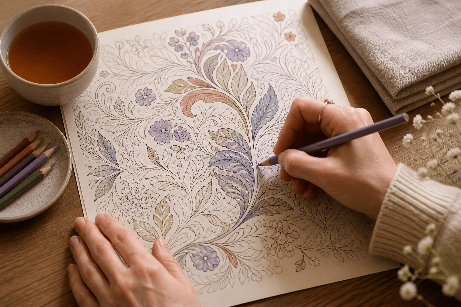 Hands calmly coloring a flowing botanical illustration