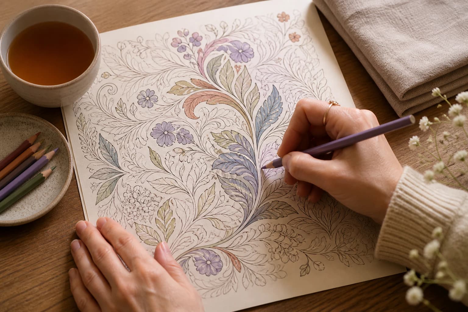 Hands calmly coloring a flowing botanical illustration
