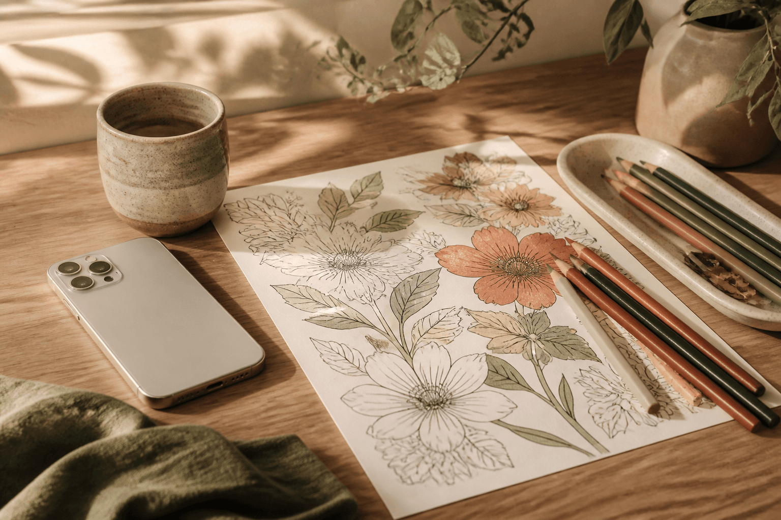 A phone set aside beside a botanical coloring page and colored pencils
