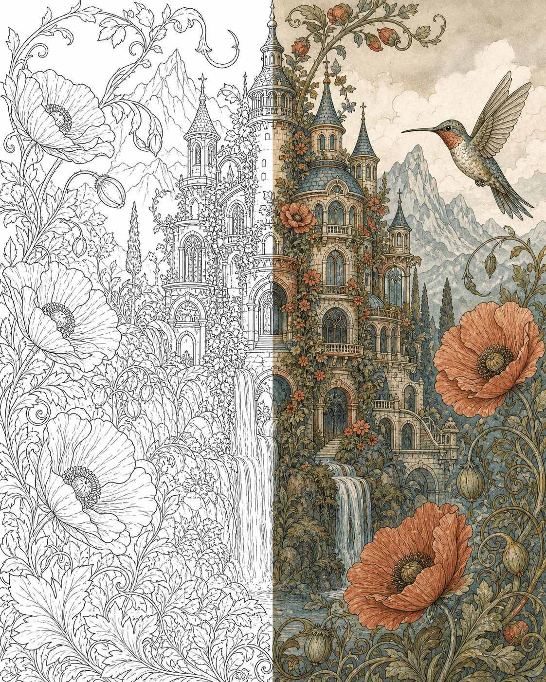 Castle and botanical coloring artwork transitioning from line art to color