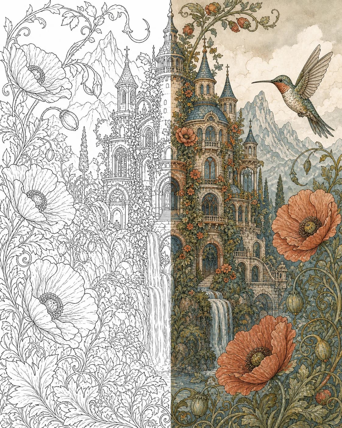 Castle and botanical coloring artwork transitioning from line art to color